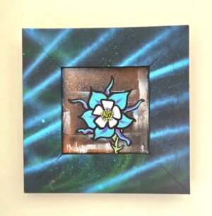 Painting of a pschedelic coloumbine flower, blue and green, with purple and a dark background