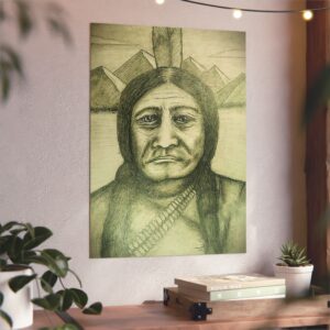 Sitting Bull Portrait Aluminum Panel Wall Art — Hand-Drawn Pencil Sketch with Mountain Backdrop