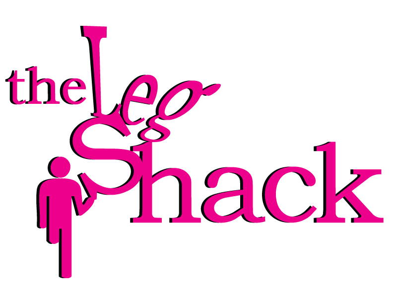 Leg Shack Logo is a bathroom man guy with a leg cut off holding the S of Shack up as the and Leg tilt precariously on top of the word shack.