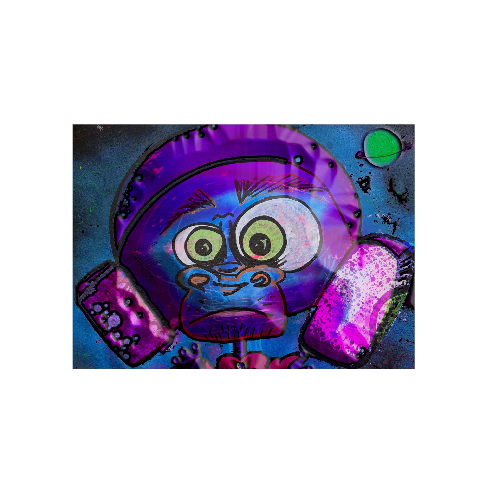BrassMonkey.jpeg space monkey looking all cray cray with wonkey green eyes and of course, big space headphones and a helmet. Saturn or a planet with rings is in the background. This space monkey? He be blue pink and purple and his hands are going like "wtf?" looking back at Earf.