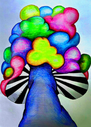 trippy colorful mushroom pencil drawing with black and white gills under it and a stalk coming at you, looking at it from the bottom. white background.