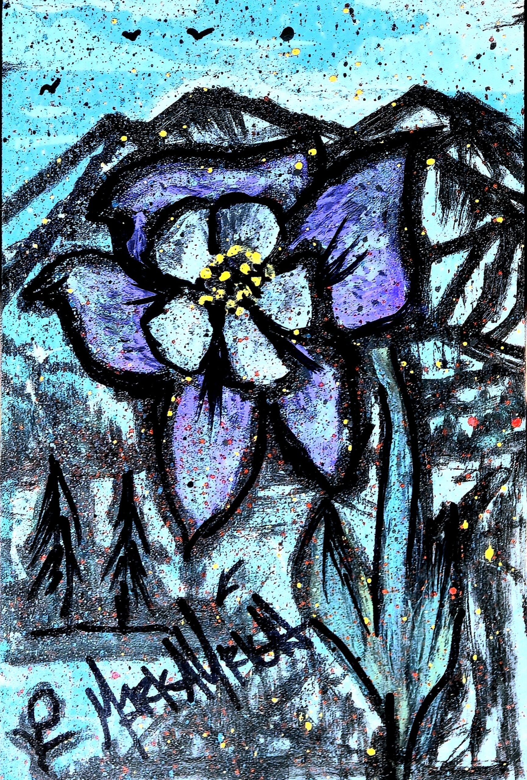 Overalls Alpine Columbine Wood Panel Art — Colorado Meadow Floral Painting