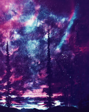 Galaxy Forest Aluminum Panel Art — Cosmic Night Landscape Wall Decor