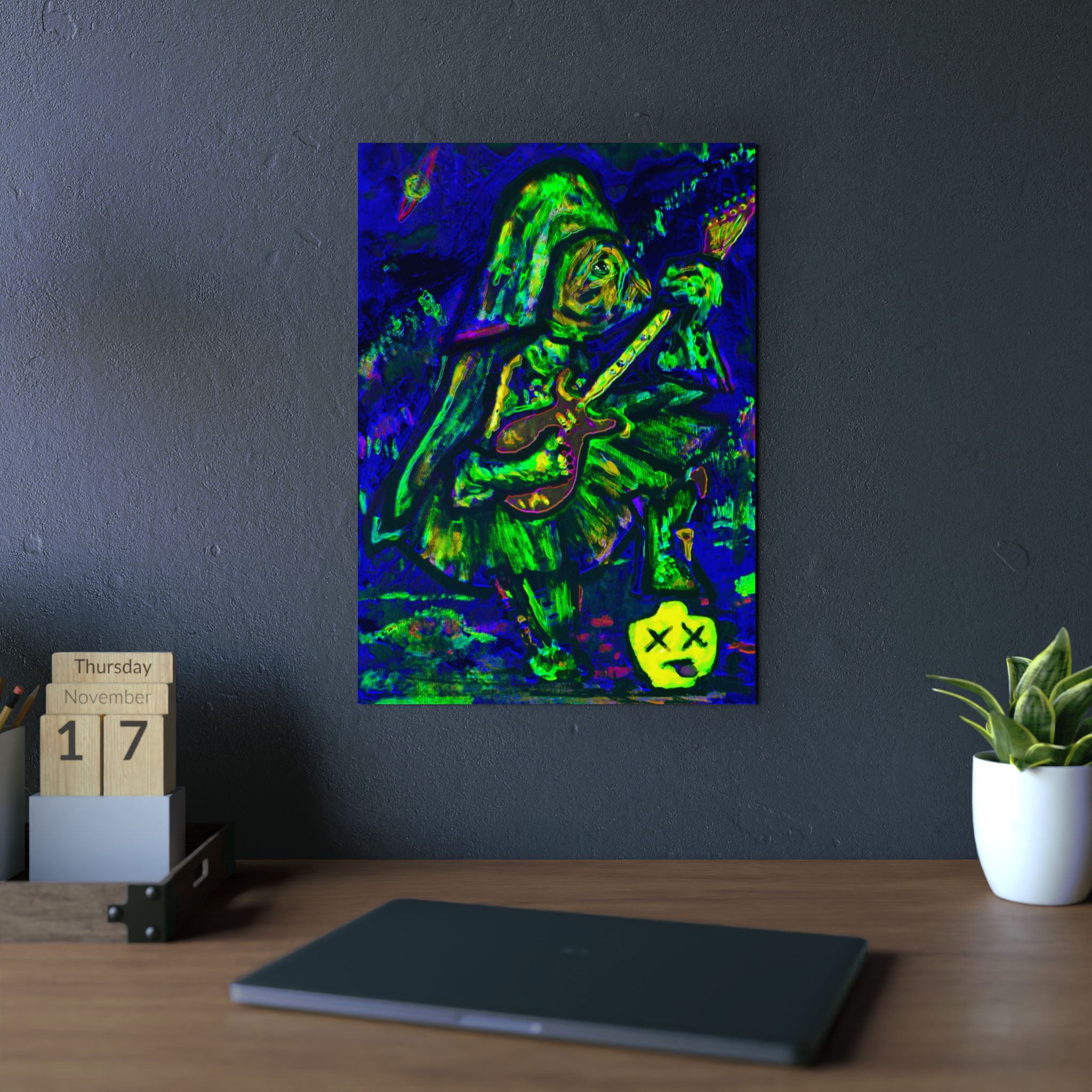 Psychedelic Vader Guitarist Art Panel — Neon Green Blue Music Wall Decor on Aluminum Composite - Image 2