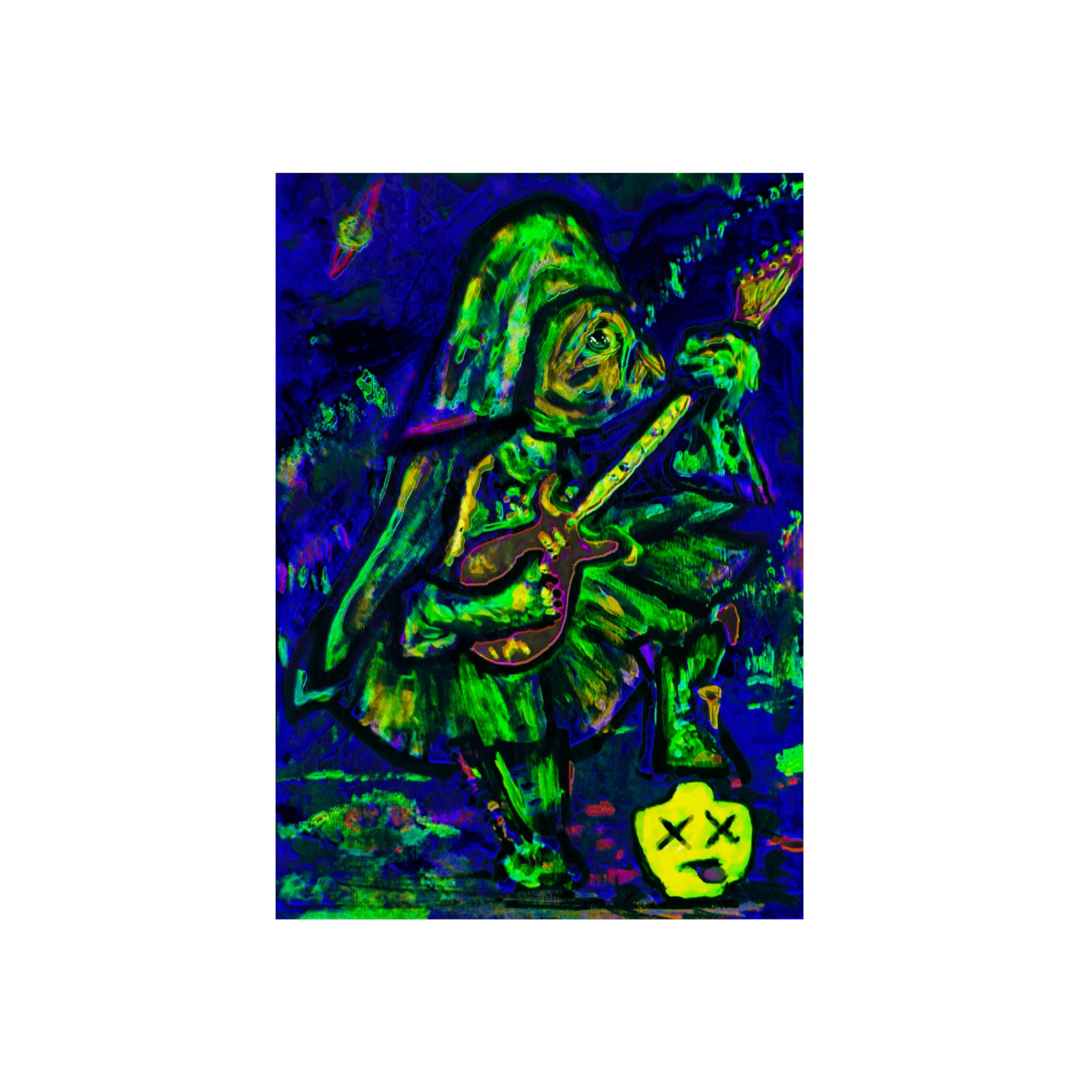 Psychedelic Vader Guitarist Art Panel — Neon Green Blue Music Wall Decor on Aluminum Composite