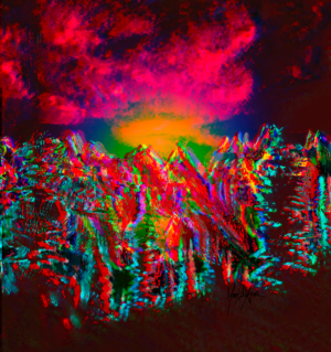 aRT iNSPiRED by humans. Acts of kindness. Charity. Barter. Trade. Art for humans, by a human. To obtain these works, fortune won't cut it. No AI. No elite. Just art for people. Trippy AF landscape with trees and mountains clouds, but it's overlaid and saturated so it looks like your hallucinating...it's cool Thomas, trust me.
