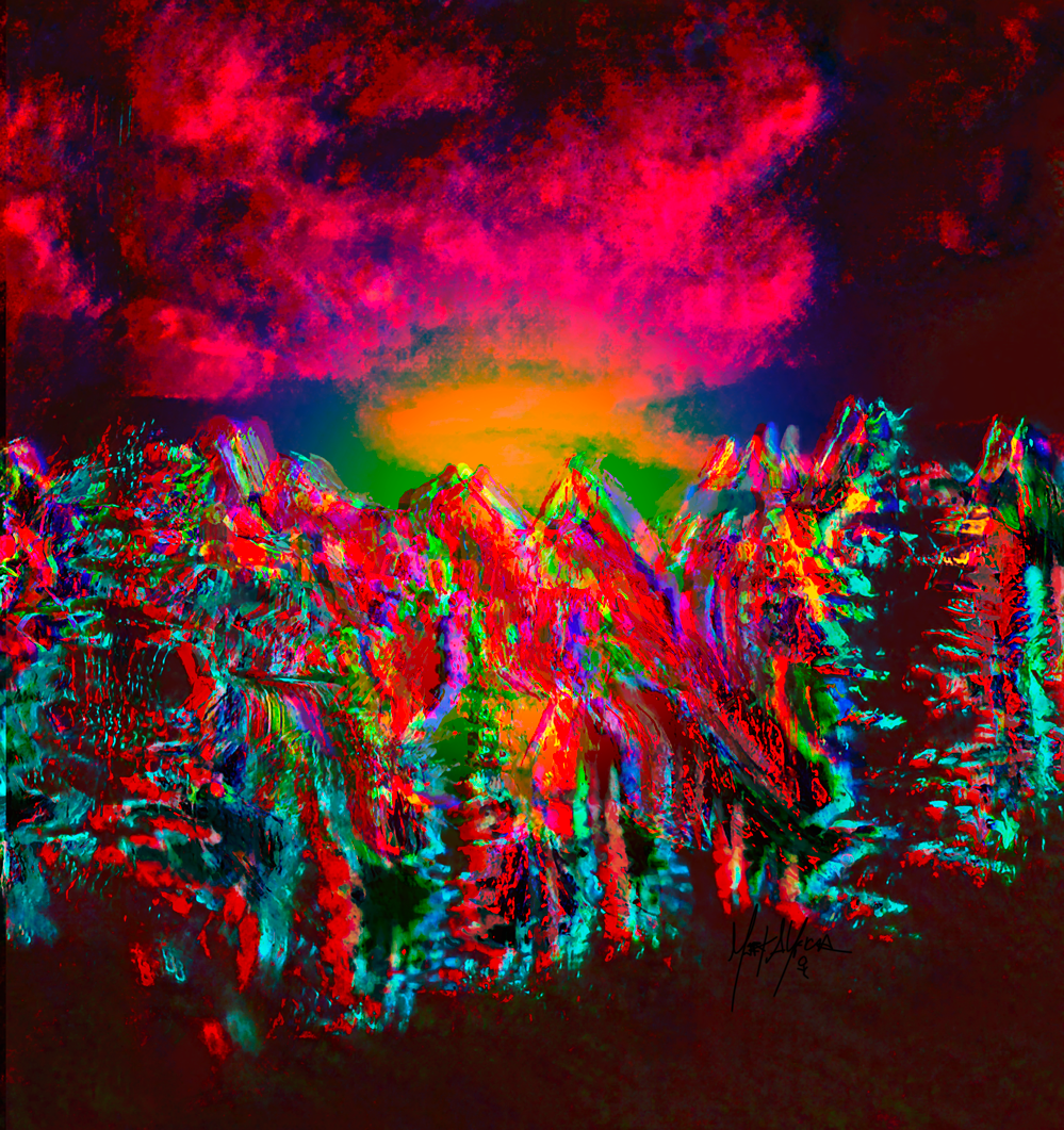 aRT iNSPiRED by humans. Acts of kindness. Charity. Barter. Trade. Art for humans, by a human. To obtain these works, fortune won't cut it. No AI. No elite. Just art for people. Trippy AF landscape with trees and mountains clouds, but it's overlaid and saturated so it looks like your hallucinating...it's cool Thomas, trust me.